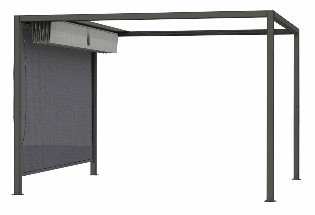 Freistehendes Rollo mit Metallrahmen, seitliche Perspektive