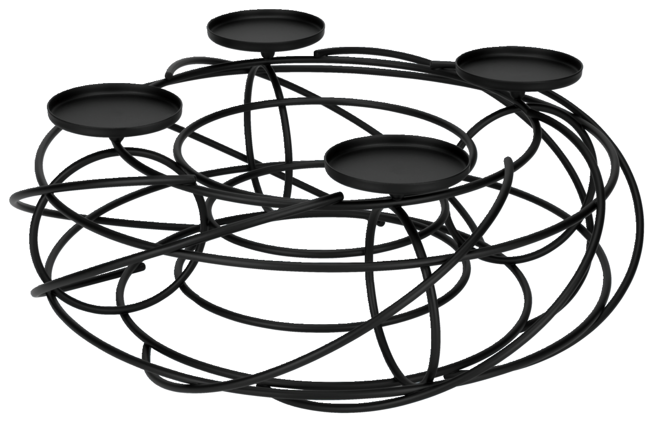 Schwarzer Dekokranz für 4 Kerzen aus Metall, seitliche Perspektive