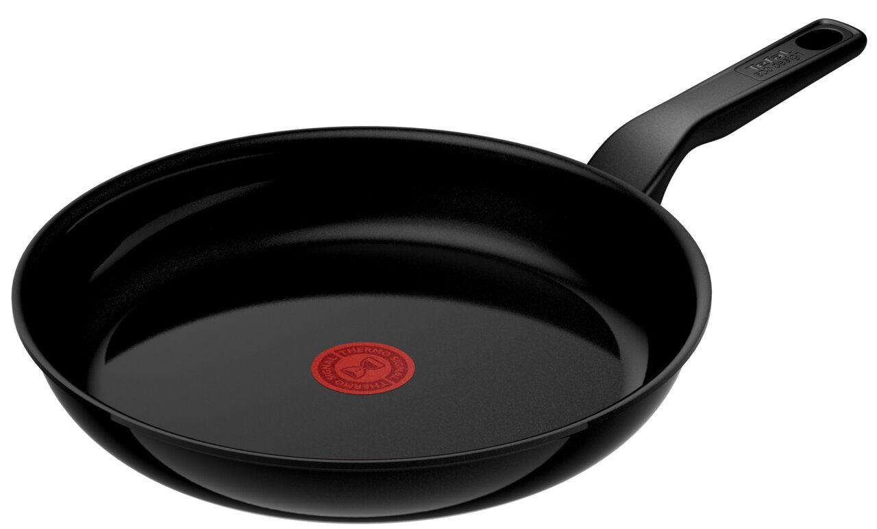 Tefal koekenpan Schwarze Keramik-Pfanne mit rotem Thermo-Signal in der Mitte, seitliche Perspektive
