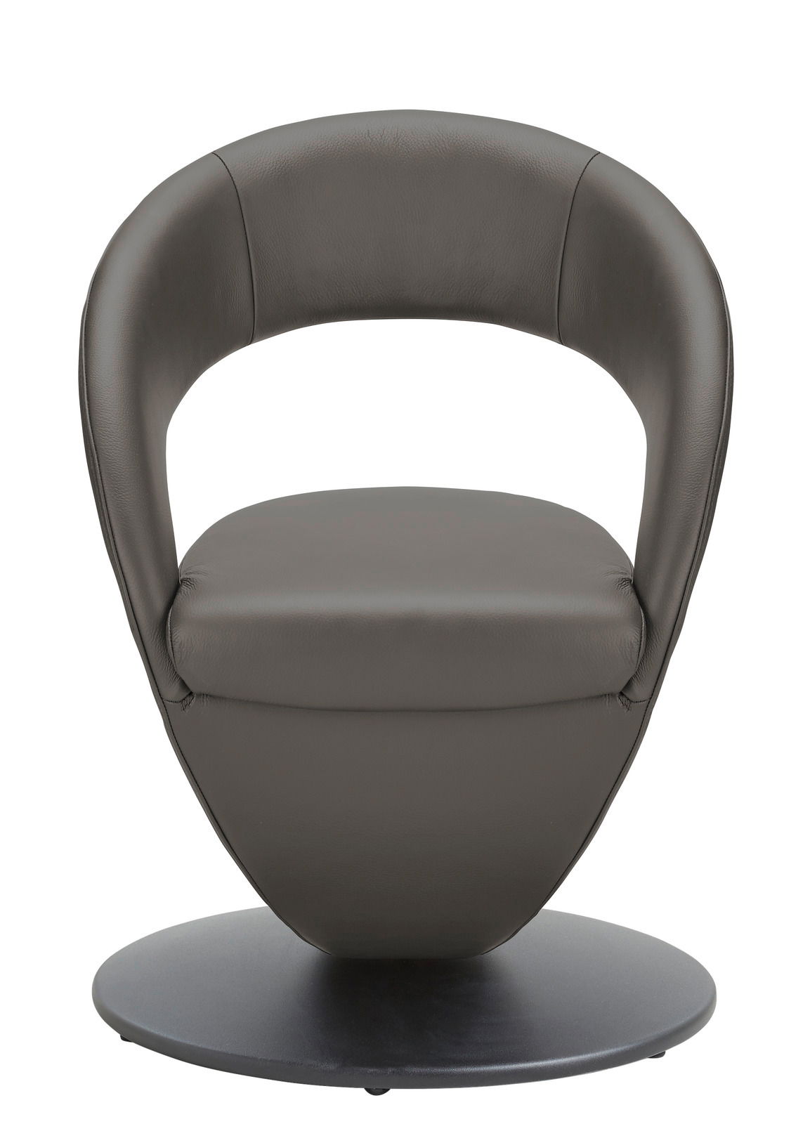 Moderner, grauer Sessel mit runder Basis, Vorderansicht