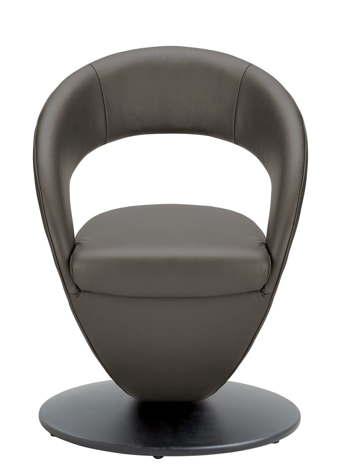 Moderner, grauer Sessel mit runder Basis, Vorderansicht