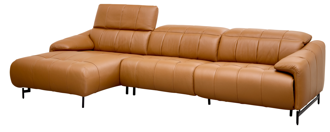 Braune Ledercouch in L-Form mit Longchair, seitliche Perspektive