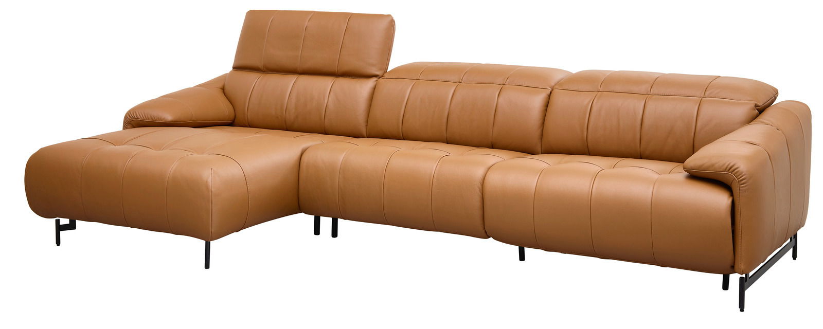 Braune Ledercouch in L-Form mit Longchair, seitliche Perspektive