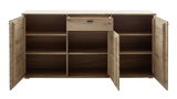 Frontale Ansicht eines offenen Sideboards aus Holz mit mehreren Fächern und einer Schublade.