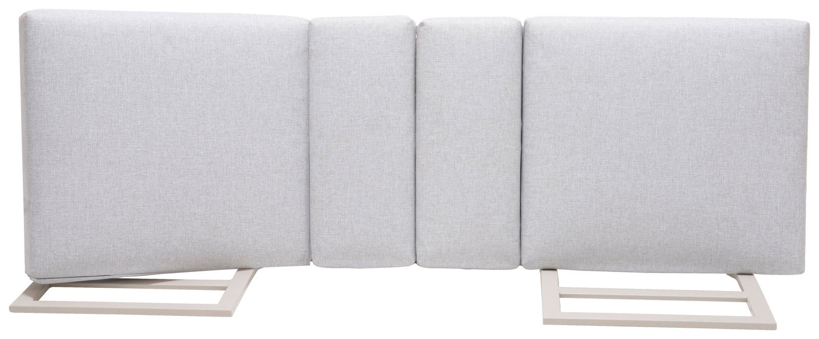 Rückansicht einer hellgrauen Lounge-Kombination mit vier gepolsterten Elementen und Metallrahmen.