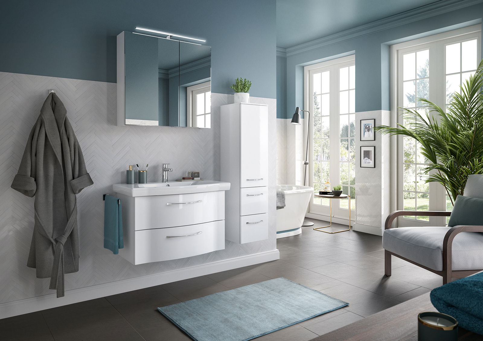 Moderne Badezimmermöbel in einem stilvollen Bad mit blauen Wänden und großen Fenstern, seitliche Perspektive.
