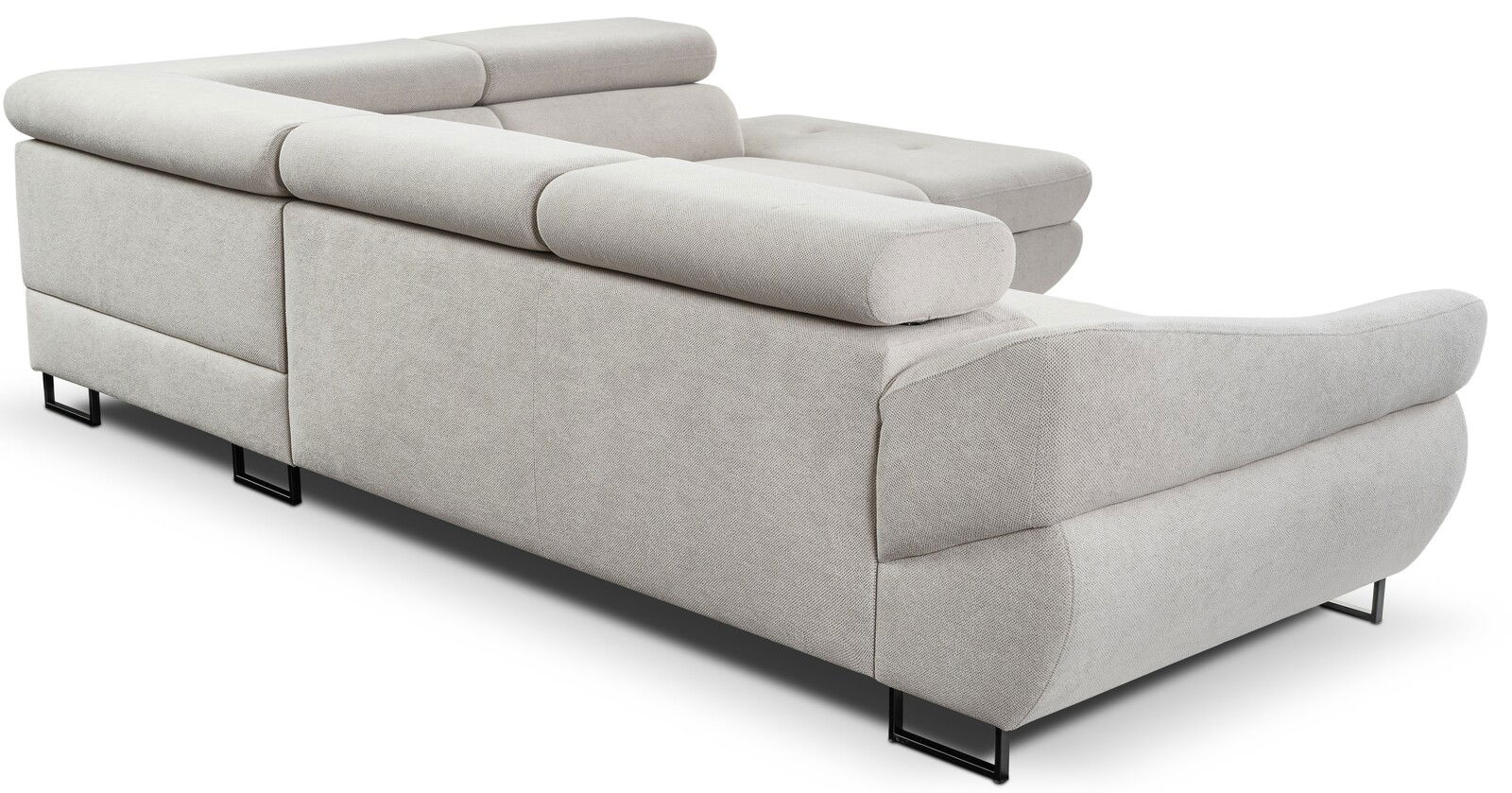 Rückansicht eines modernen, hellgrauen Ecksofas mit verstellbaren Kopfstützen und schwarzen Metallfüßen.