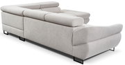 Rückansicht eines modernen, hellgrauen Ecksofas mit verstellbaren Kopfstützen und schwarzen Metallfüßen.