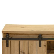 Frontale Ansicht eines Highboards aus hellem Holz mit dunklen Metallakzenten.