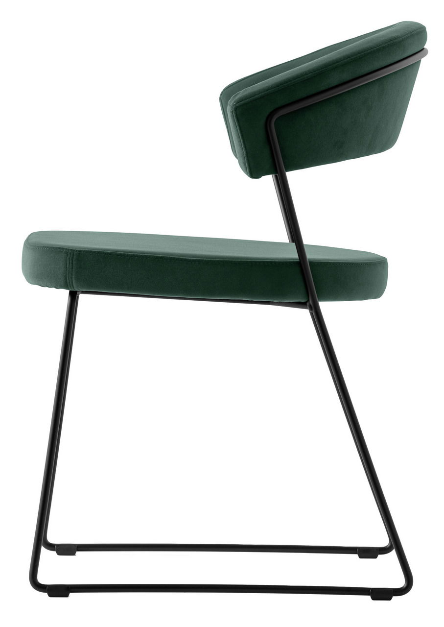 Moderner grüner Stuhl mit schwarzem Metallgestell, Seitenansicht