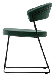 Moderner grüner Stuhl mit schwarzem Metallgestell, Seitenansicht