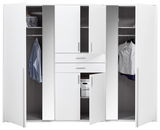 Weißer Drehtürenschrank mit sechs Türen, teilweise geöffnet, zeigt Innenfächer mit Kleidung und Aufbewahrungsboxen, frontale Perspektive.