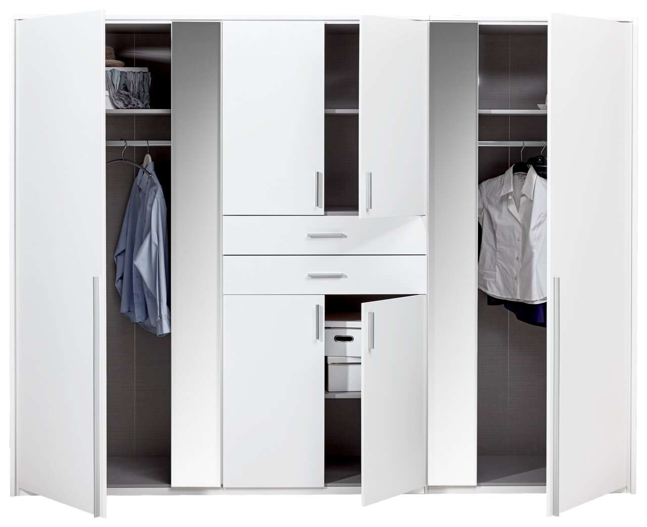 Weißer Drehtürenschrank mit sechs Türen, teilweise geöffnet, zeigt Innenfächer mit Kleidung und Aufbewahrungsboxen, frontale Perspektive.