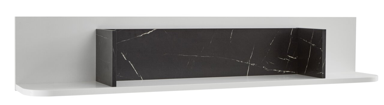 Zurbrüggen Wandboard WAVE Modernes Wandboard mit weißer Ablagefläche und schwarzer Rückwand in Marmoroptik, seitliche Perspektive.