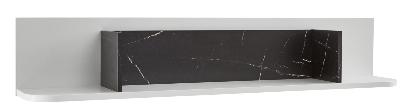 Zurbrüggen Wandboard WAVE Modernes Wandboard mit weißer Ablagefläche und schwarzer Rückwand in Marmoroptik, seitliche Perspektive.