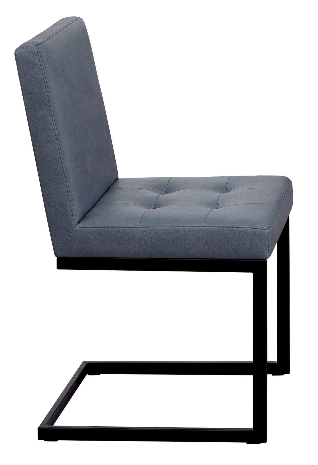 Moderner Freischwinger-Stuhl LUPO II in seitlicher Ansicht mit grauem Polster und schwarzem Metallgestell.