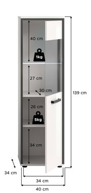 Schmaler Hochschrank in Weiß/Grau mit teils offener, teils geschlossener Front und schwarzem Griff, Tür halb geöffnet; Maßgrafik mit 139 cm Höhe sowie 40 cm Breite und 34 cm Tiefe, Innenfächer mit Höhenangaben und Traglasten (1 kg/5 kg) – Frontansicht lei