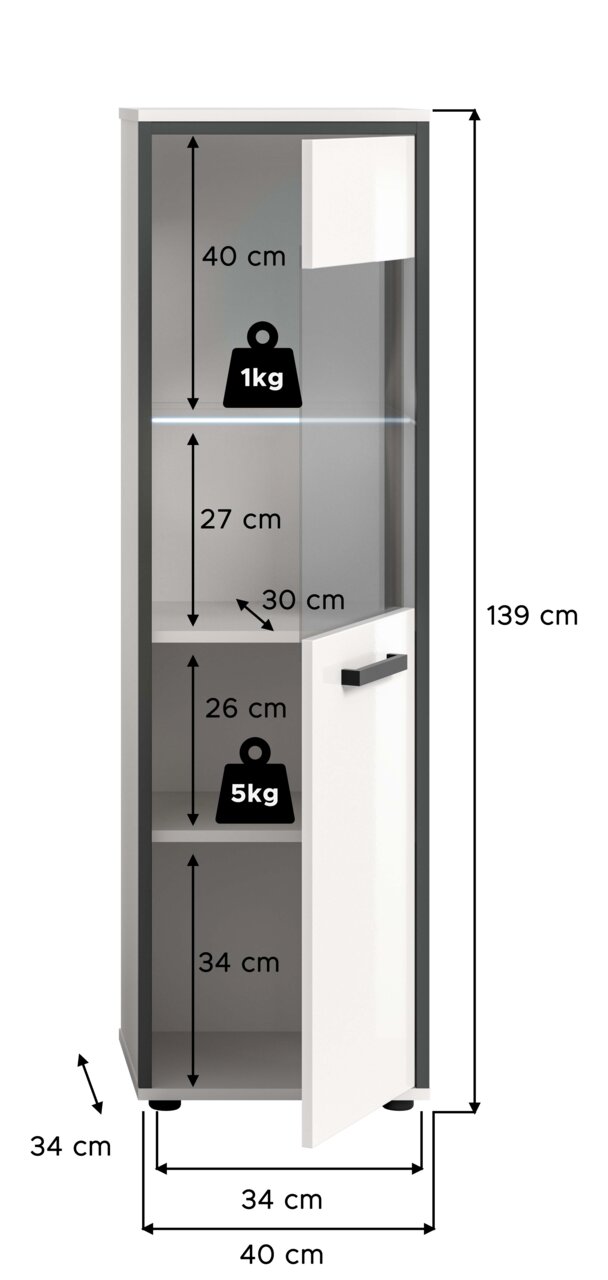 Schmaler Hochschrank in Weiß/Grau mit teils offener, teils geschlossener Front und schwarzem Griff, Tür halb geöffnet; Maßgrafik mit 139 cm Höhe sowie 40 cm Breite und 34 cm Tiefe, Innenfächer mit Höhenangaben und Traglasten (1 kg/5 kg) – Frontansicht lei