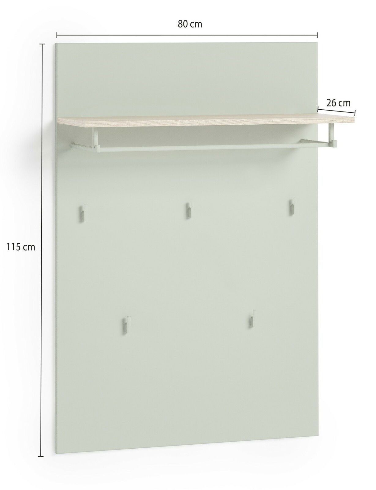 Garderobenpaneel in hellem Grau mit fünf Haken und einem oberen Regalbrett, seitliche Perspektive