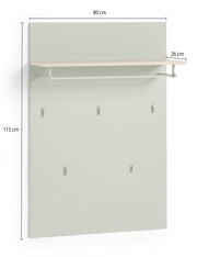 Garderobenpaneel in hellem Grau mit fünf Haken und einem oberen Regalbrett, seitliche Perspektive