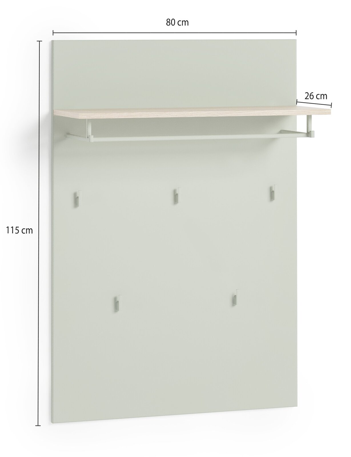 Garderobenpaneel in hellem Grau mit fünf Haken und einem oberen Regalbrett, seitliche Perspektive