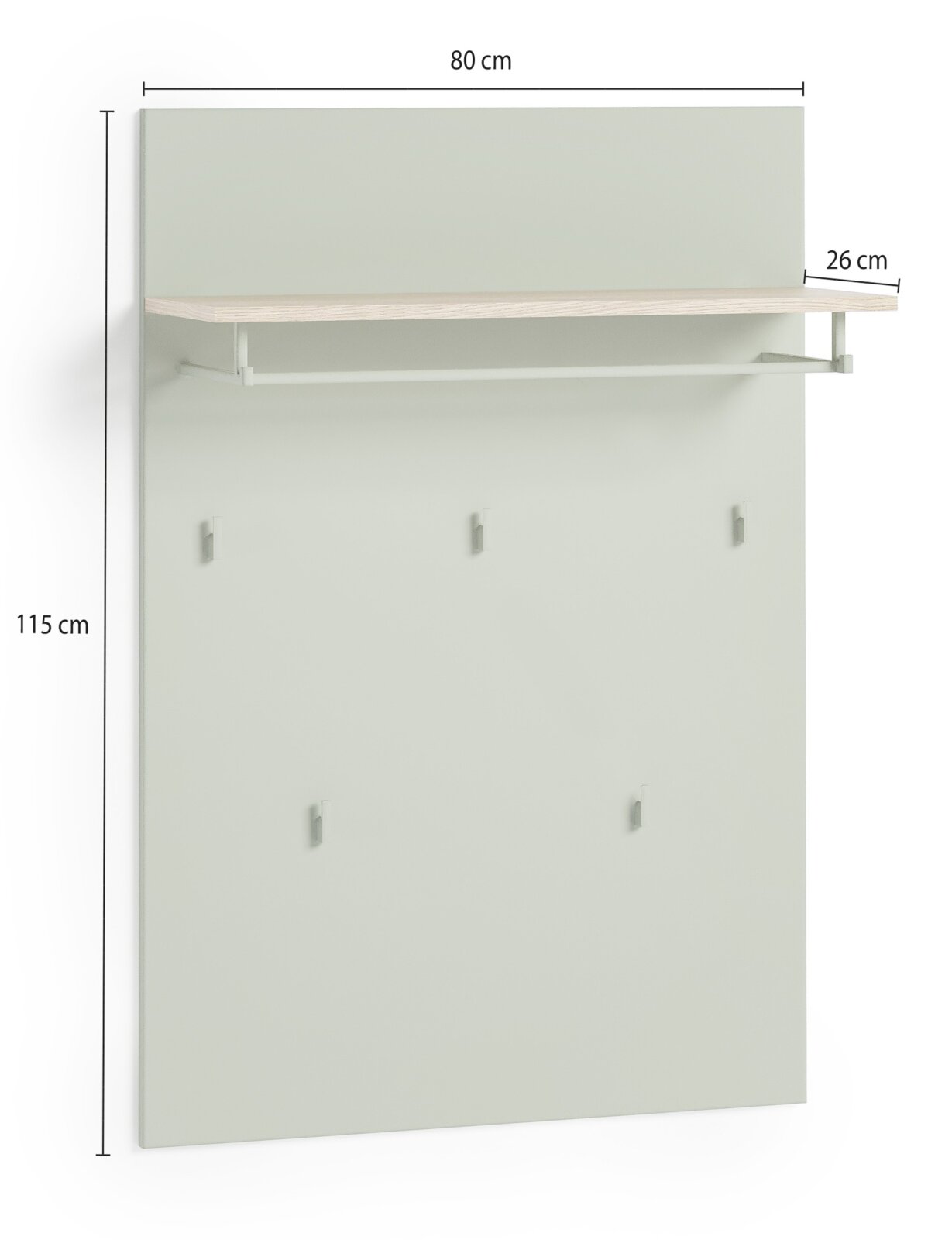 Garderobenpaneel in hellem Grau mit fünf Haken und einem oberen Regalbrett, seitliche Perspektive