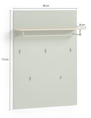 Garderobenpaneel in hellem Grau mit fünf Haken und einem oberen Regalbrett, seitliche Perspektive