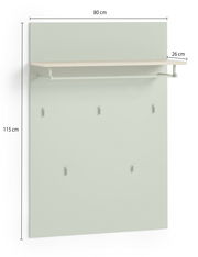 Garderobenpaneel in hellem Grau mit fünf Haken und einem oberen Regalbrett, seitliche Perspektive