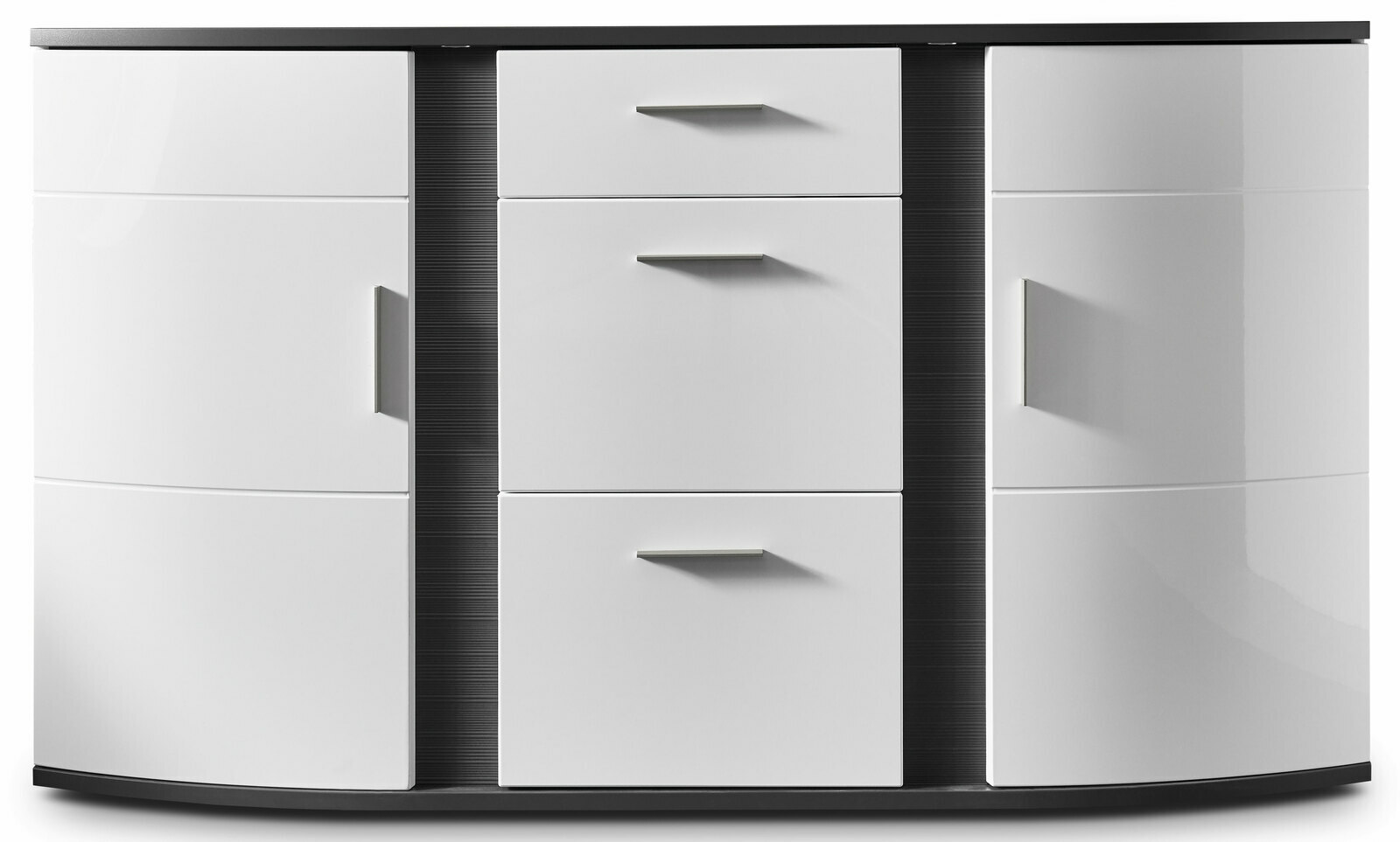 Modernes Sideboard in Weiß mit drei zentralen Schubladen und zwei seitlichen Türen, frontal abgebildet.