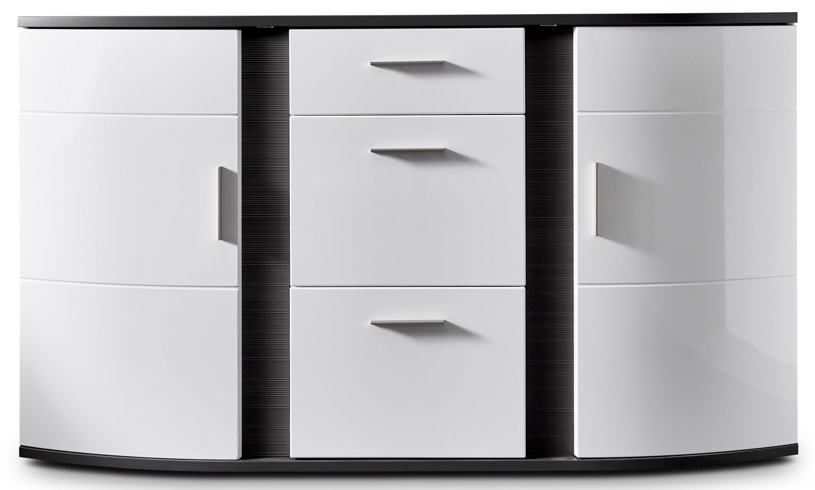 Modernes Sideboard in Weiß mit drei zentralen Schubladen und zwei seitlichen Türen, frontal abgebildet.