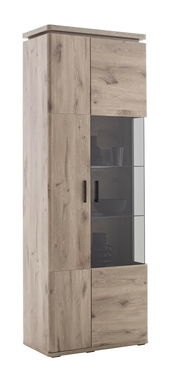 Holzfarbene Kombi-Vitrine MODENA mit Glastür und Regalböden, seitliche Perspektive.