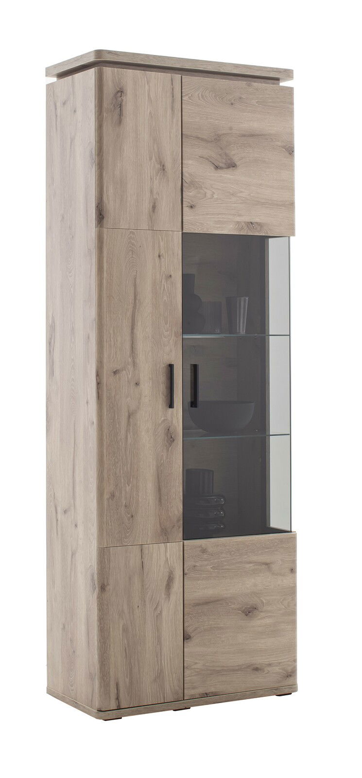 Holzfarbene Kombi-Vitrine MODENA mit Glastür und Regalböden, seitliche Perspektive.