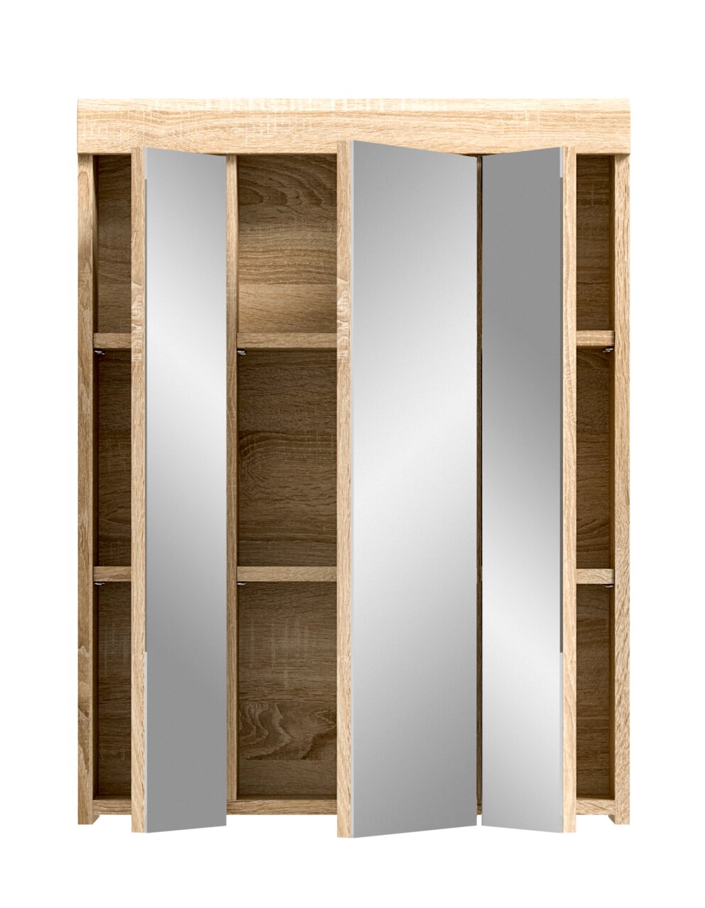 Hängeschrank mit Holzoptik und verspiegelten Türen, frontale Ansicht