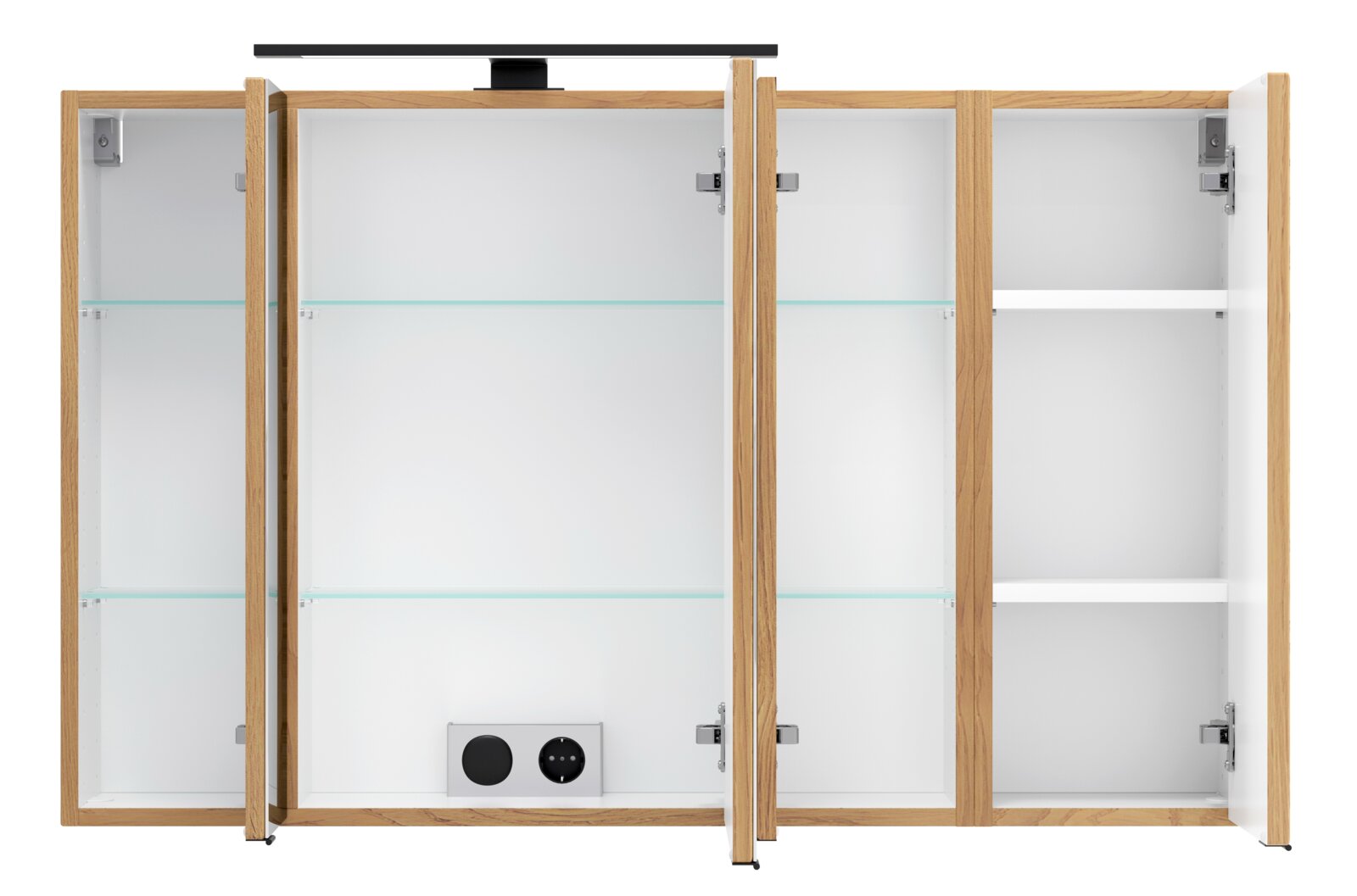 Geöffneter Bad-Spiegelschrank in Holzoptik mit weißem Innenraum, Glas- und Ablageböden sowie Steckdose/Schalter unten, frontal von vorne aufgenommen