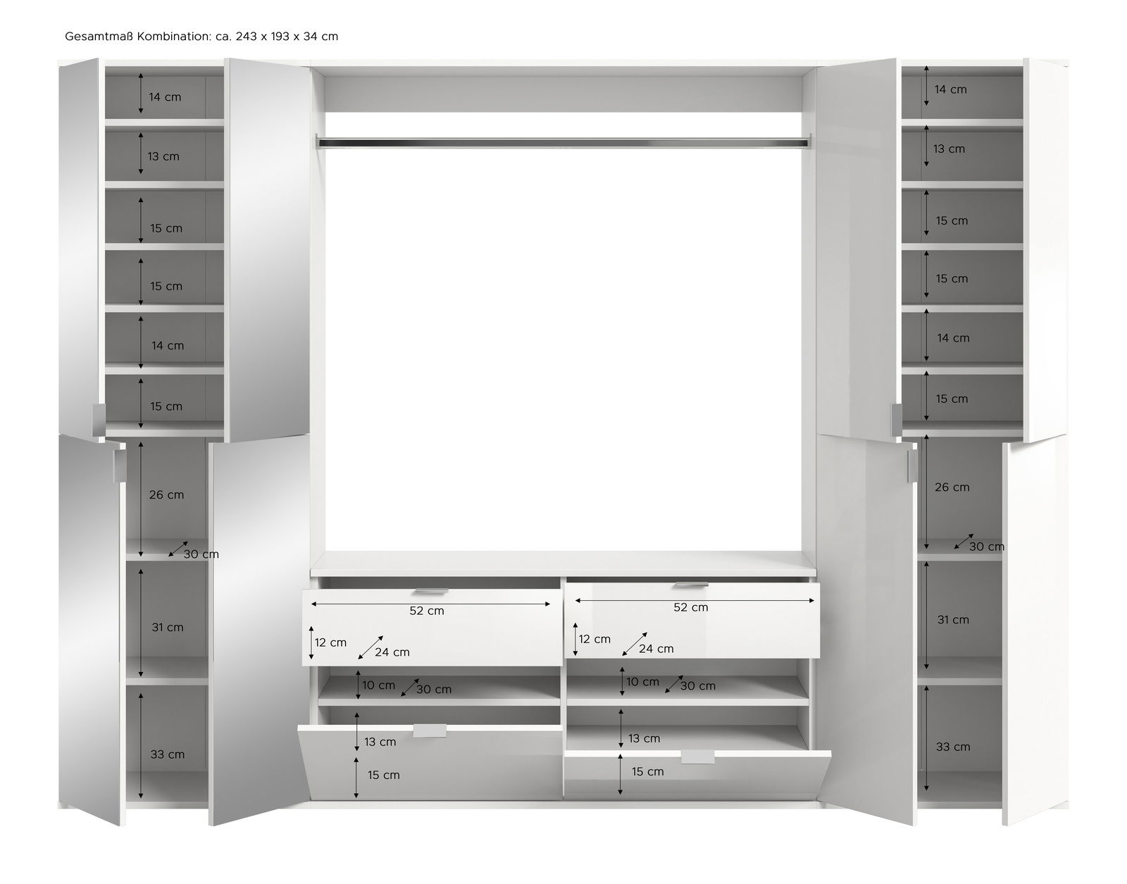 Frontale Ansicht einer weißen Garderobenkombination mit mehreren Schubladen, Regalen und Kleiderstange.