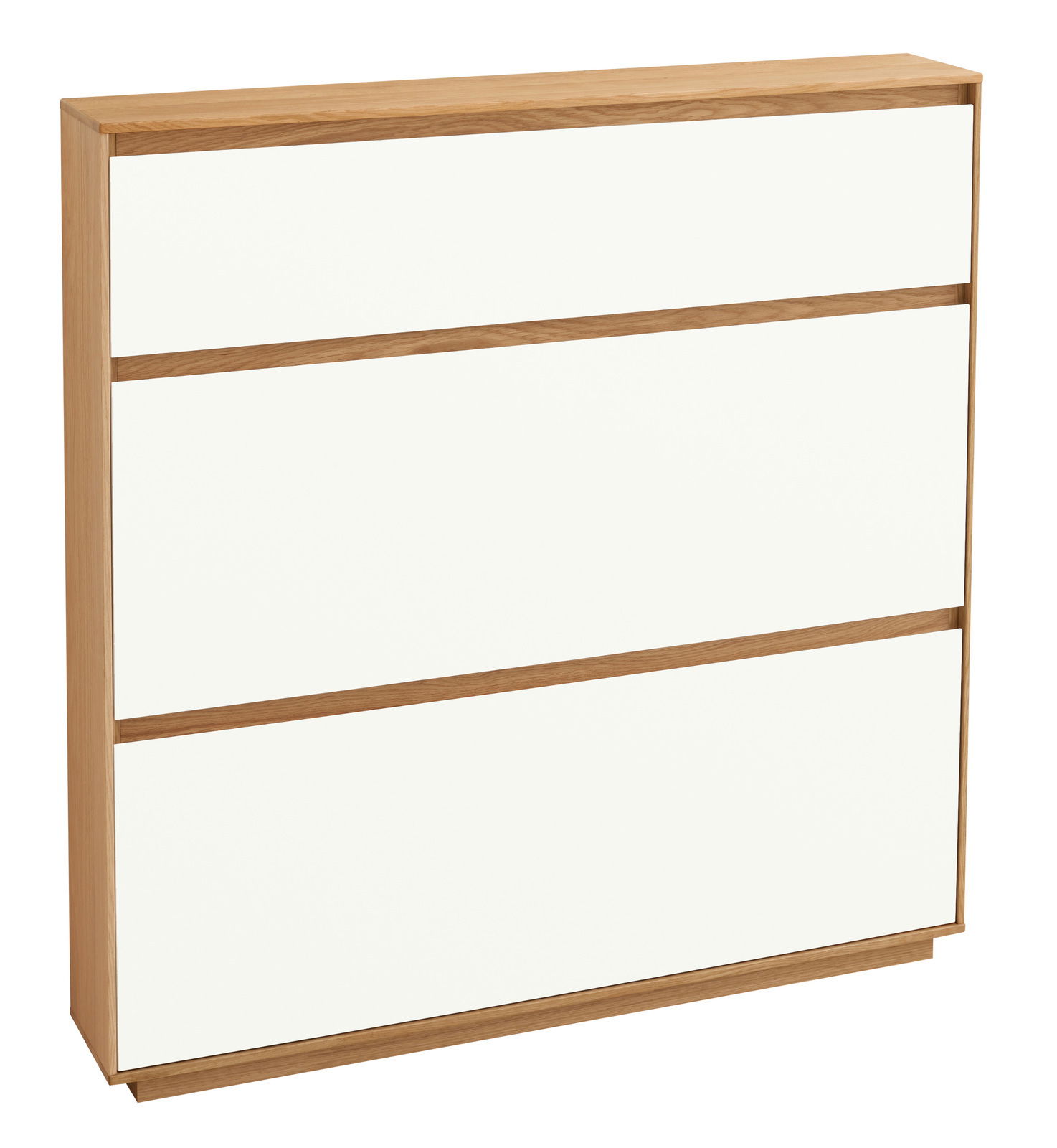 VOSS Schuhschrank V100 Moderner Schuhschrank mit drei weißen Fronten und Holzrahmen, seitliche Perspektive