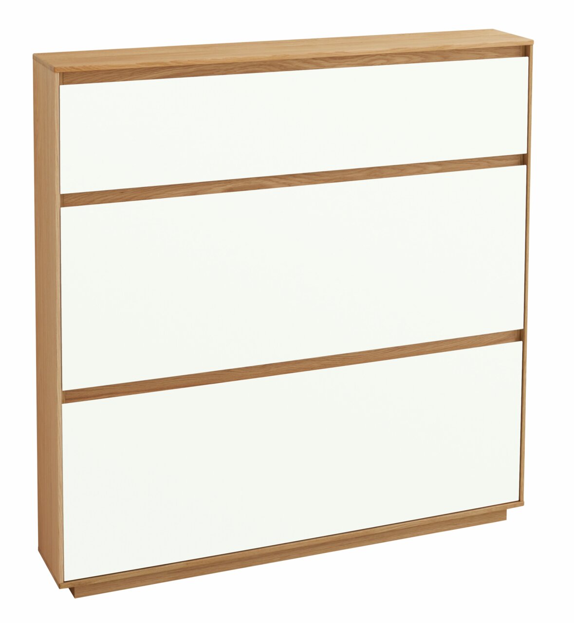 VOSS Schuhschrank V100 Moderner Schuhschrank mit drei weißen Fronten und Holzrahmen, seitliche Perspektive