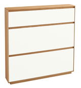 Moderner Schuhschrank mit drei weißen Fronten und Holzrahmen, seitliche Perspektive