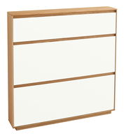 Moderner Schuhschrank mit drei weißen Fronten und Holzrahmen, seitliche Perspektive