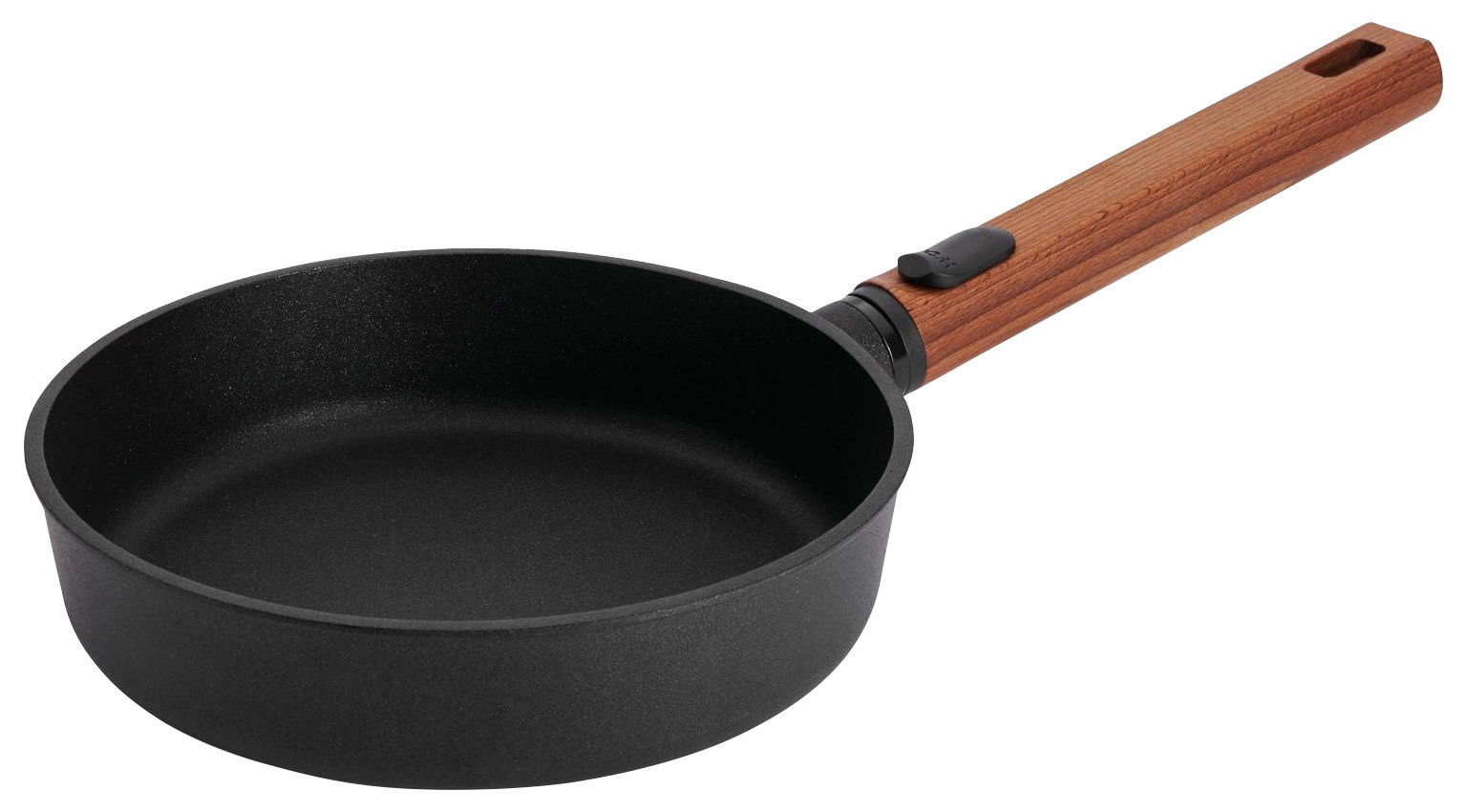 Gusseiserne Flachpfanne mit Holzgriff, seitliche Perspektive