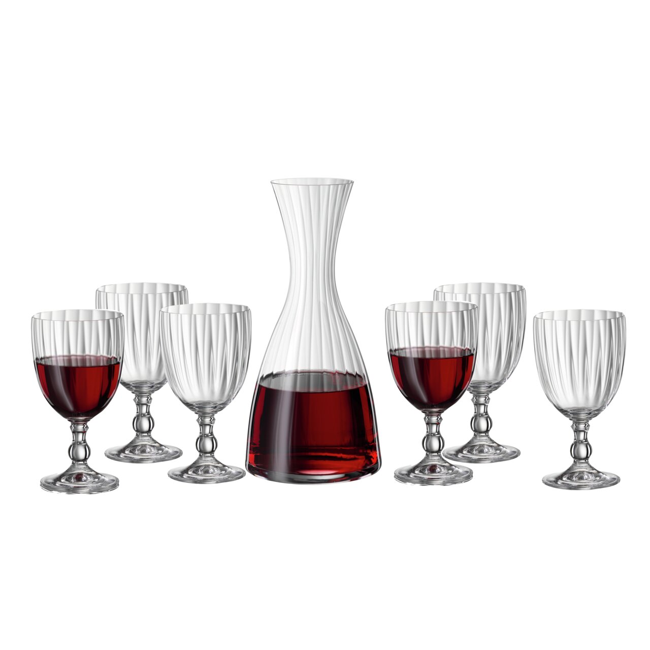 BOHEMIA Cristal Wein-Set 7-tlg. LIBERA Wein-Set Libera 7-tlg. mit einer Karaffe und sechs Weingläsern, frontal abgebildet.