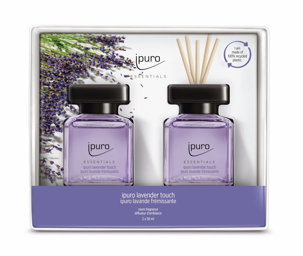 Lavendel Raumduft Set mit zwei lila Flaschen und Duftstäbchen, Vorderansicht