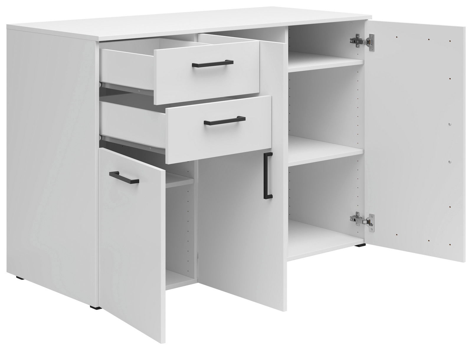 Weiße Kommode mit zwei offenen Schubladen und zwei offenen Türen, seitliche Perspektive