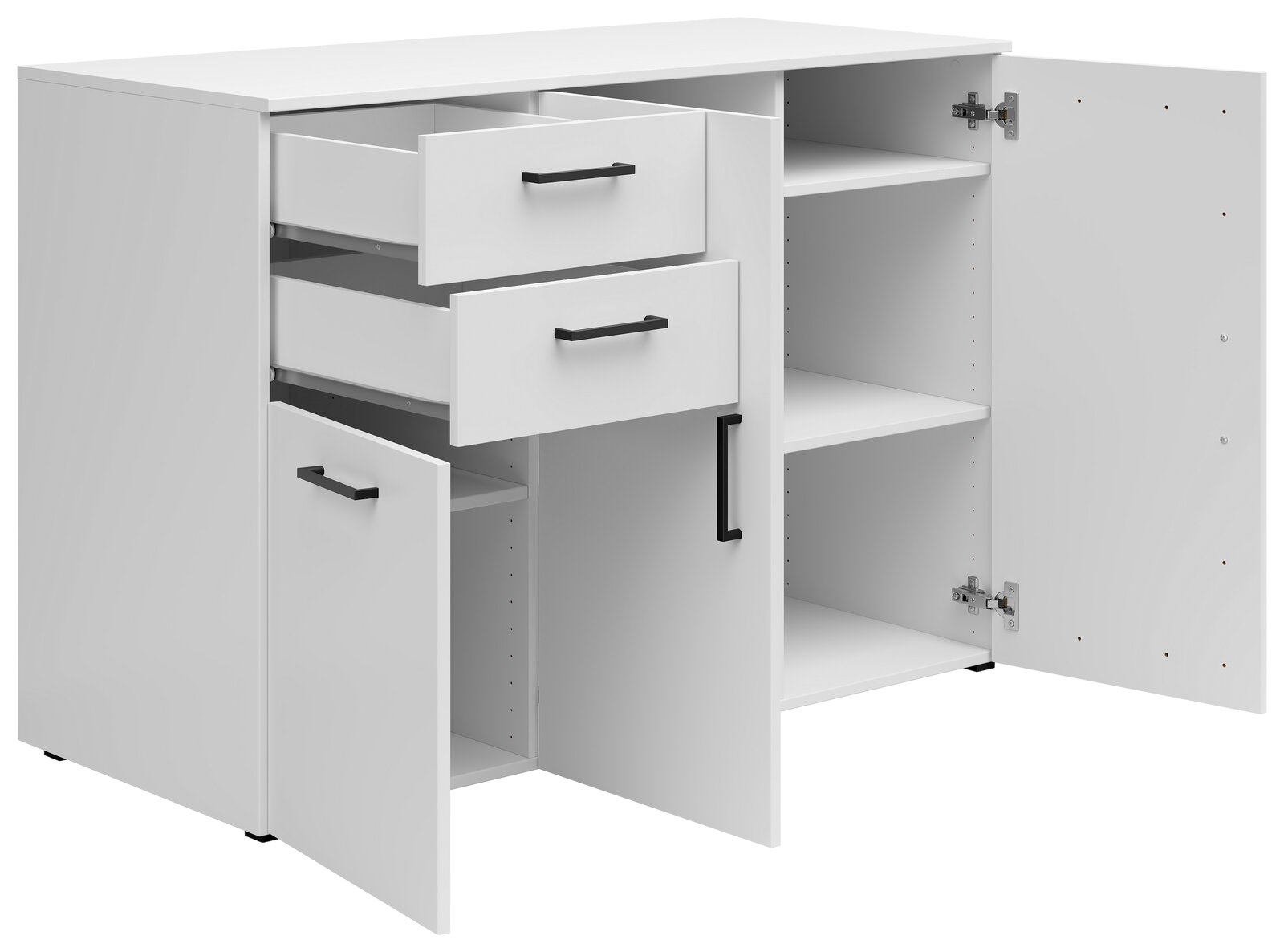 Weiße Kommode mit zwei offenen Schubladen und zwei offenen Türen, seitliche Perspektive