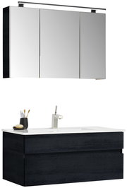 Moderner Badblock mit Spiegelschrank und Waschbecken, seitliche Perspektive