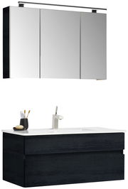 Moderner Badblock mit Spiegelschrank und Waschbecken, seitliche Perspektive