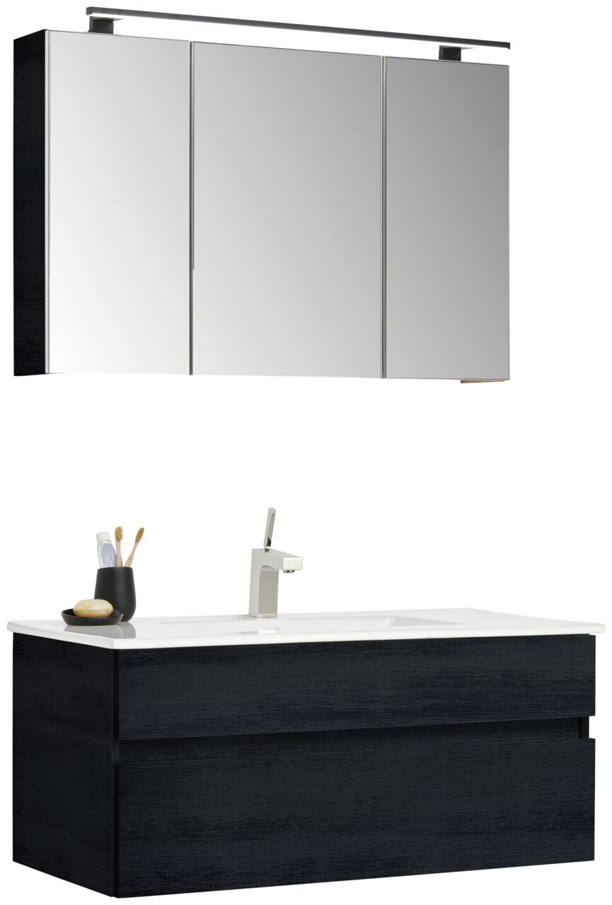 Novel Badblock NV.210 Moderner Badblock mit Spiegelschrank und Waschbecken, seitliche Perspektive