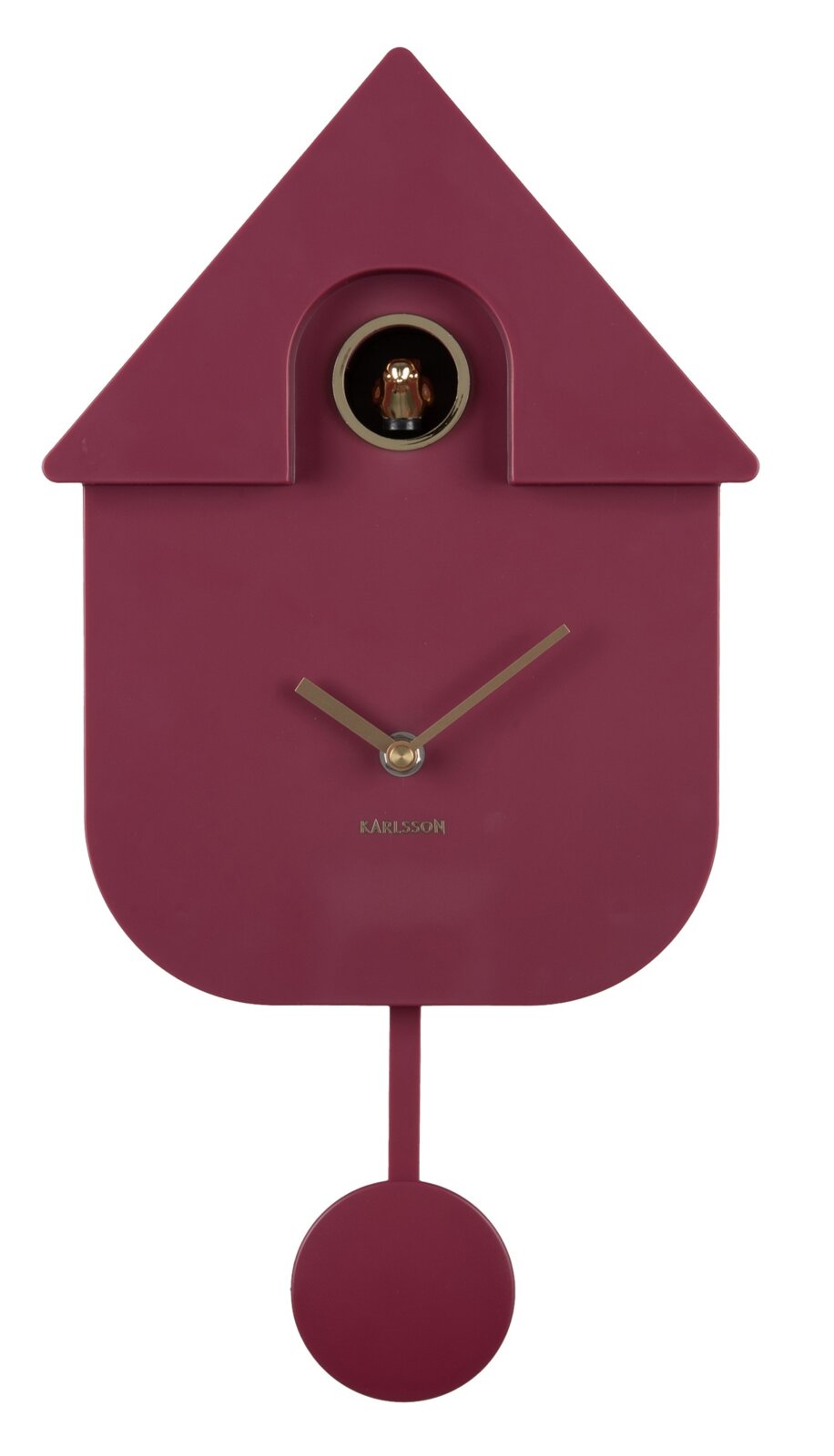 Moderne wandklok in de vorm van een koekoek met slinger, afgebeeld van voren, in een diepe rode tint.