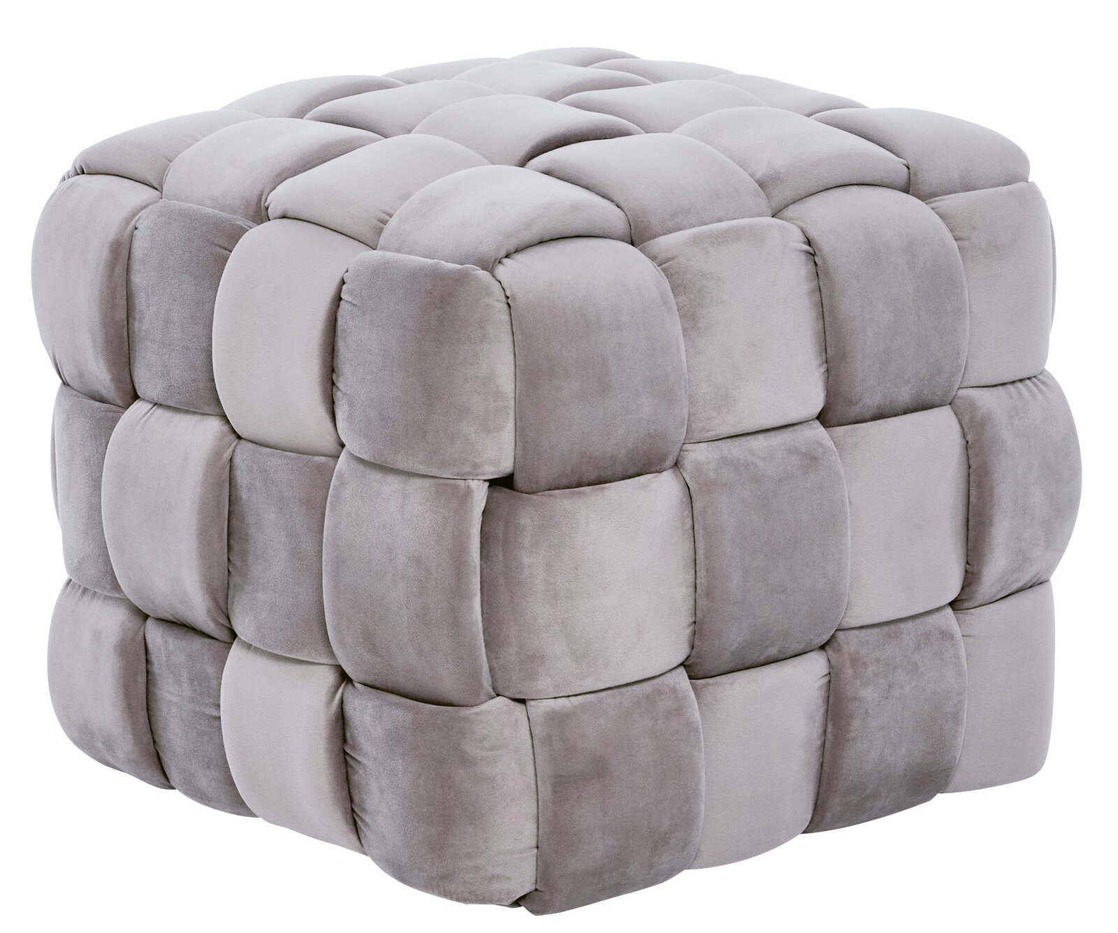 Grauer, gepolsterter Hocker in Würfelform mit weicher, gesteppter Oberfläche, seitliche Perspektive