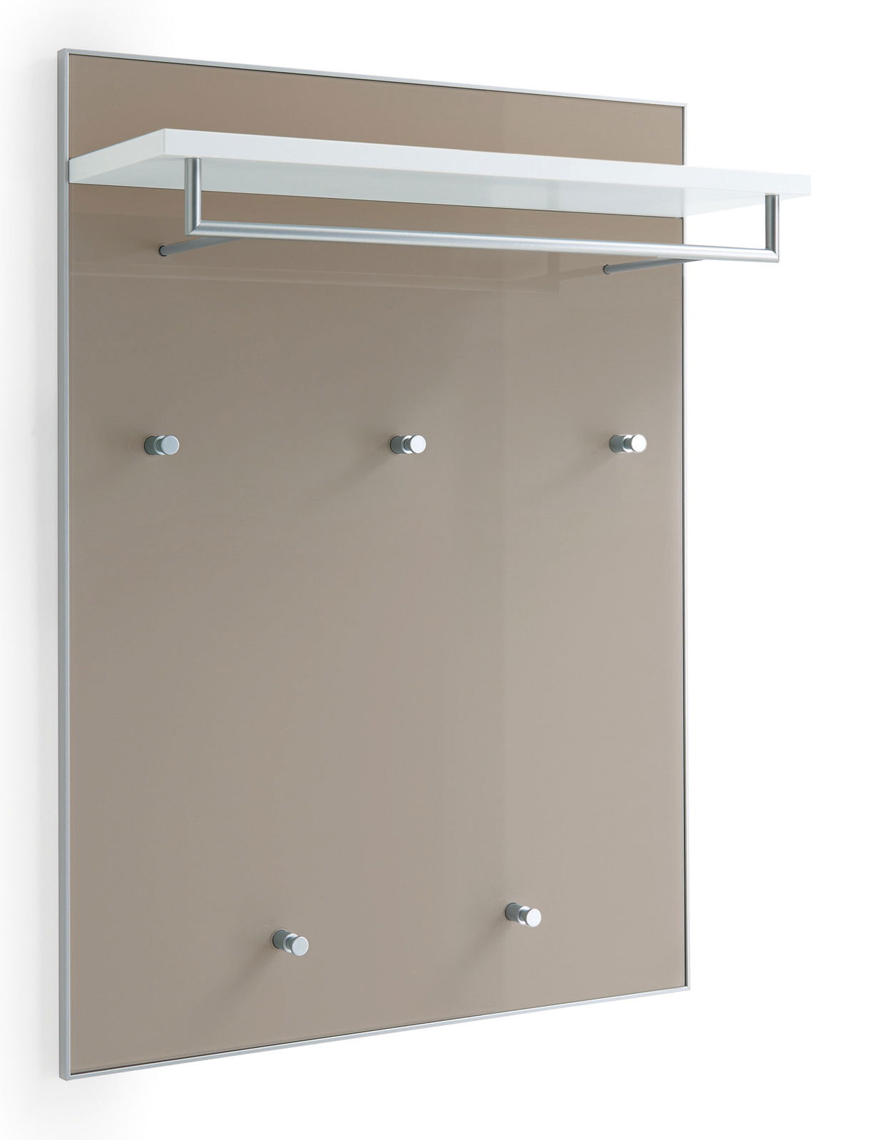 Garderobenpaneel mit fünf Haken und einem weißen Regalbrett, seitliche Perspektive